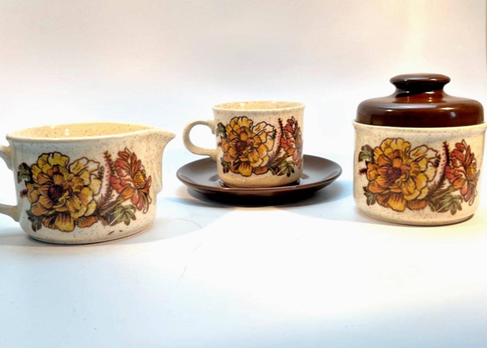 4 Vintage Palissy Royal Worcester Charlotte Cups & Saucers, Milk Jug, Sugar Bowl