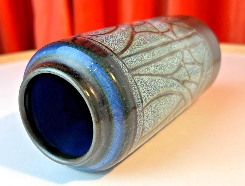 Mid Century Celtic Pottery Vase Newlyn Cornwall in Blue Medallion Pattern B89