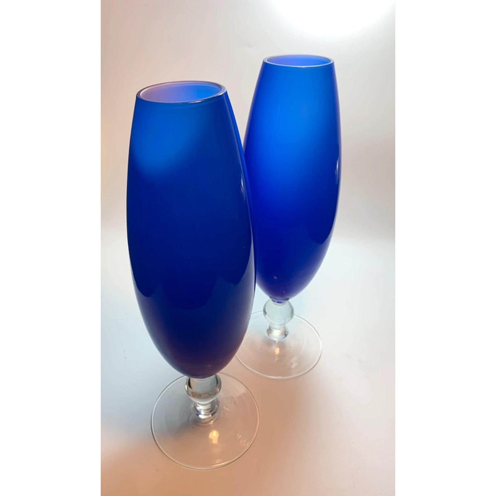 Pair of Mid Century Cobalt Blue Glass Bullet Vases White Interior Torpedo Vases
