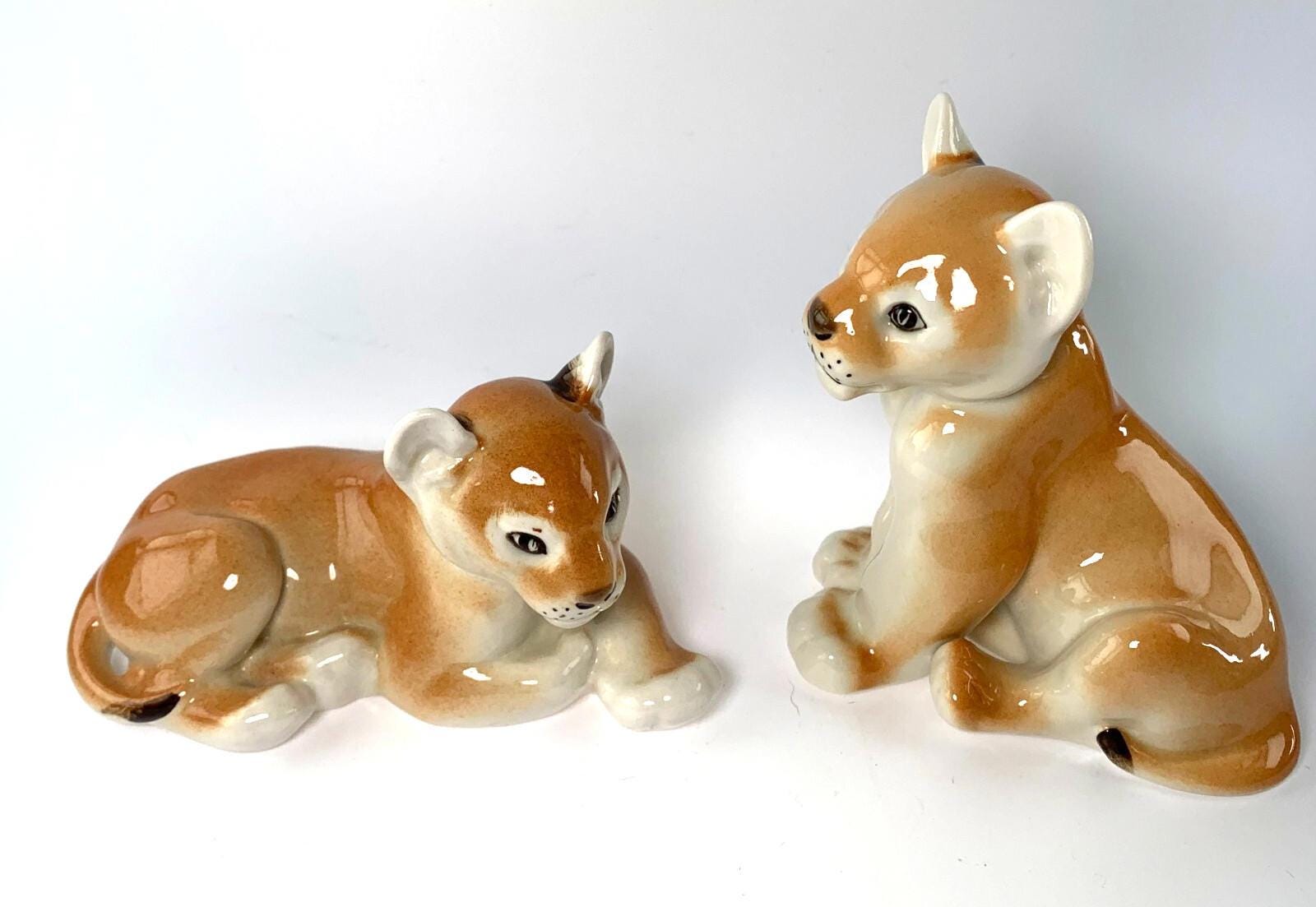Mid Century Pair of Lomonosov Russian USSR Lion Cub Figurines. Vintage Lion Cub Ornaments
