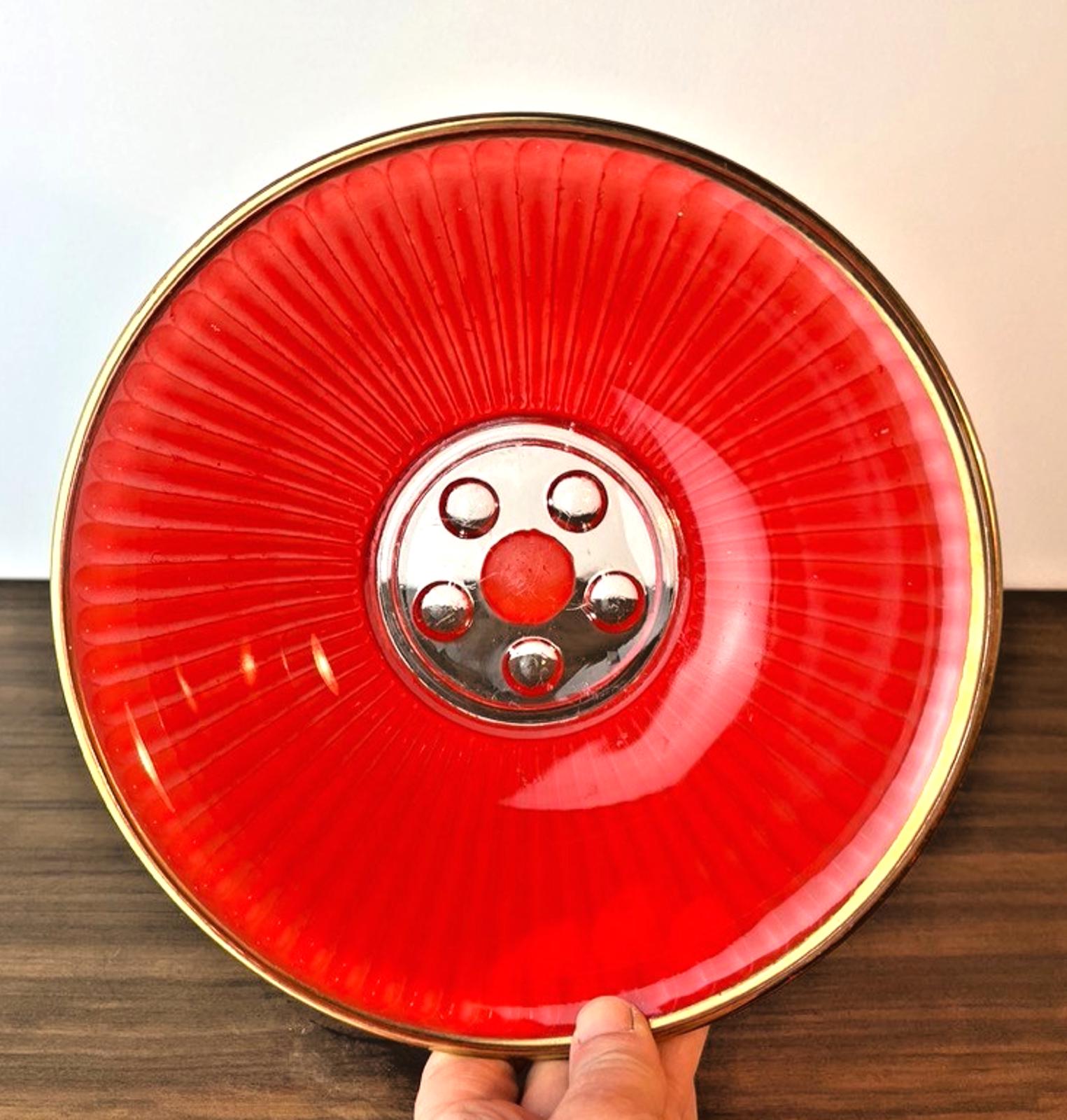 1950s Serving Bowl in Red & Clear Glass. Rippled Glass Pattern