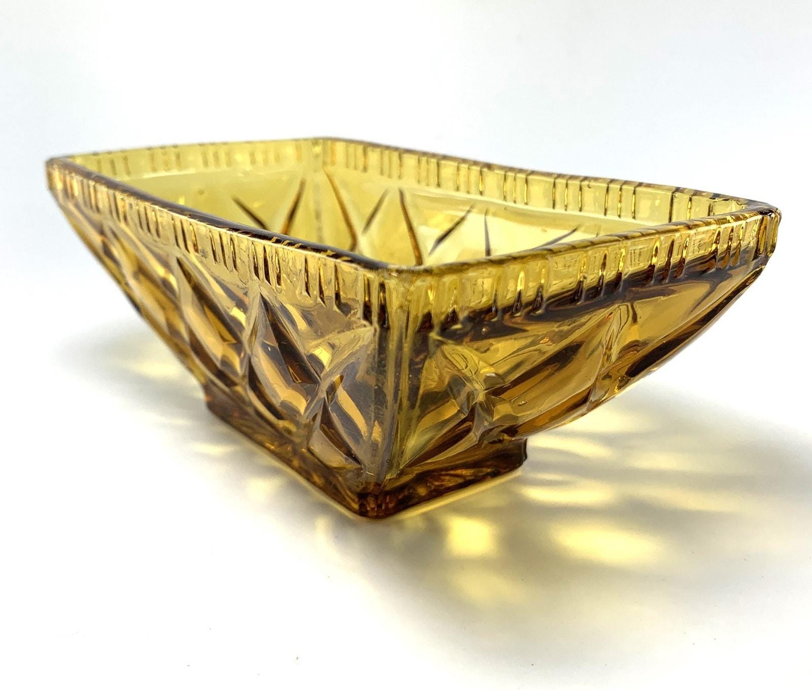 Amber Glass Decorative Bowl in Pale Amber. Depression Glass Dish, Pressed Glass