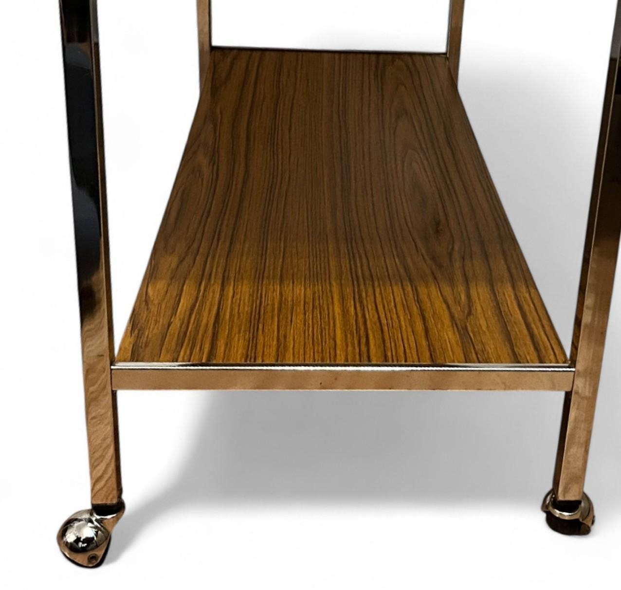 Mid Century Chrome & Teak Effect Side Table / Drinks Trolley on Castors 80cm