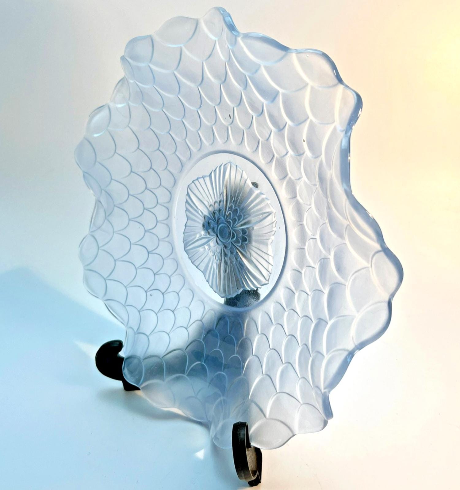 Art Deco Bagley Blue Glass Plate: Fish Scales Pattern No 3067, 1930s