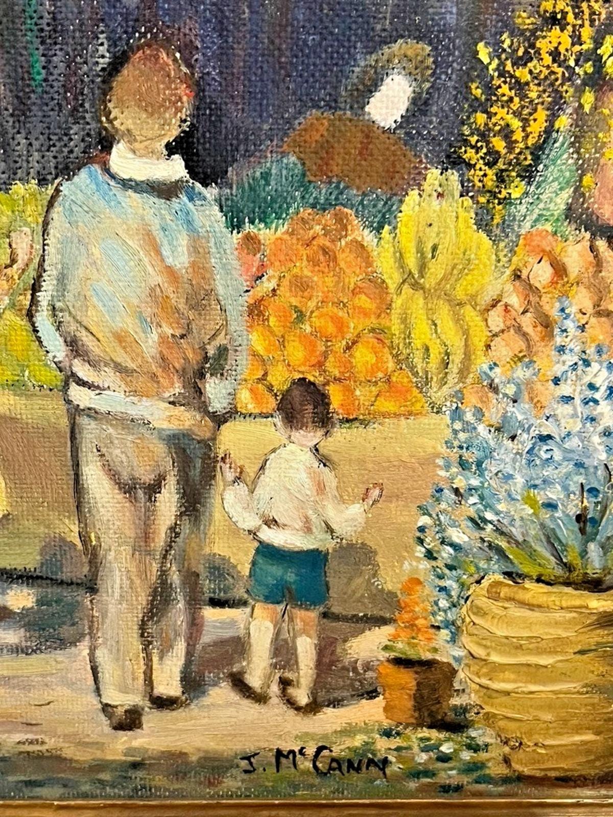 Vintage Oil Painting J McCann Market Scene Fruit Veg Stall Framed 65x57cm