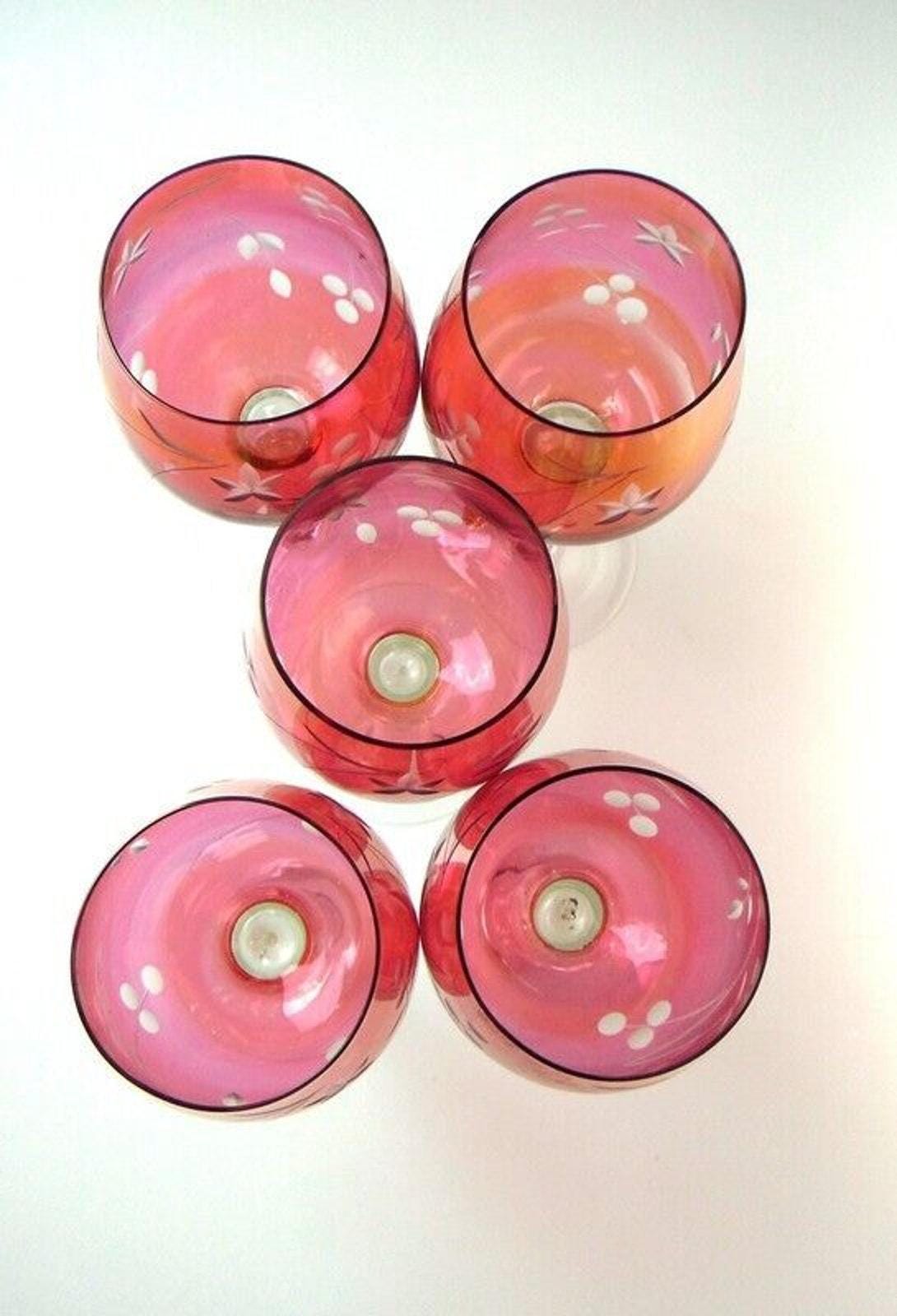 5 Mid Century Crystal Wine Glasses in Cranberry Glass with Etched Floral Detail