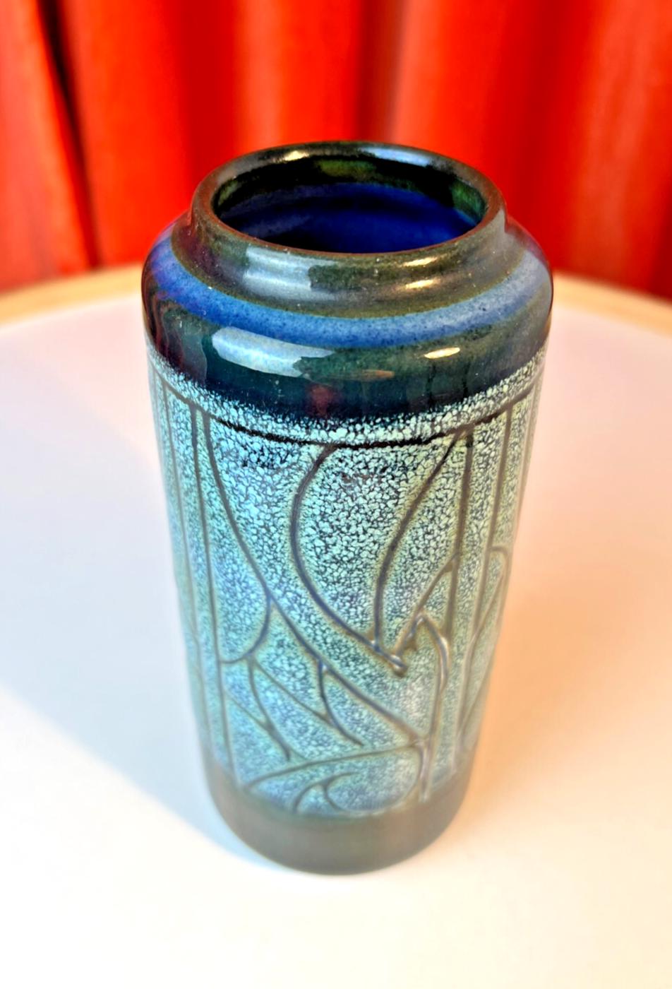 Mid Century Celtic Pottery Vase Newlyn Cornwall in Blue Medallion Pattern B89