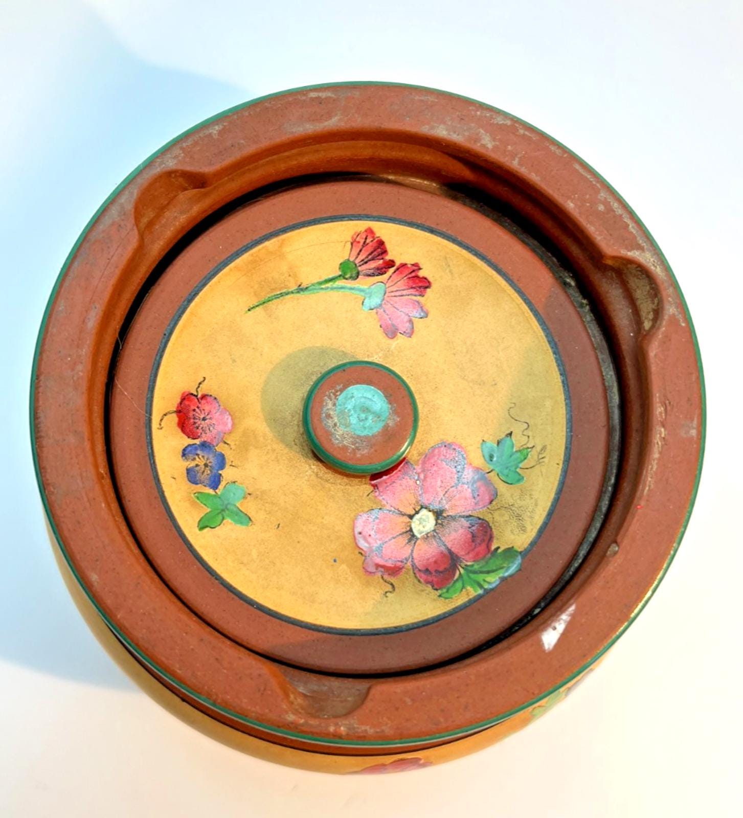 Vintage Pottery Tobacco Jar Handmade Terracotta Hand Painted Tobacciana