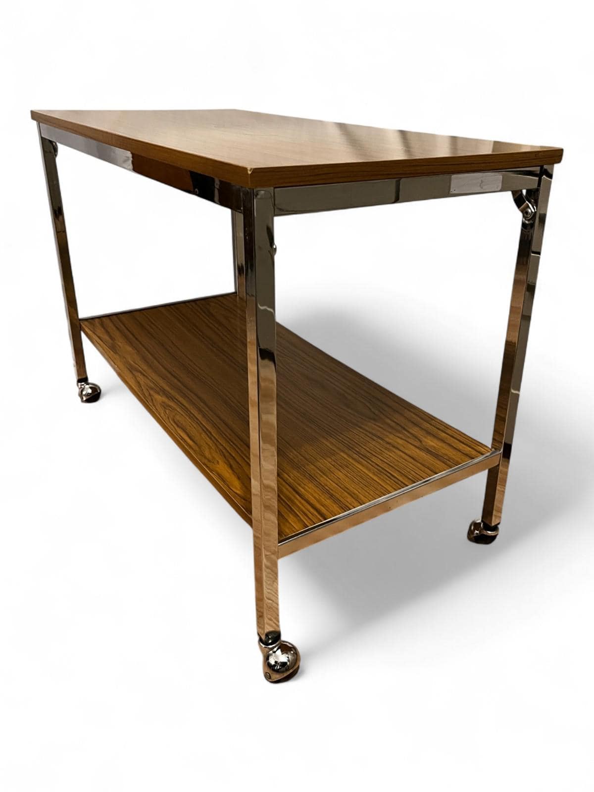 Mid Century Chrome & Teak Effect Side Table / Drinks Trolley on Castors 80cm