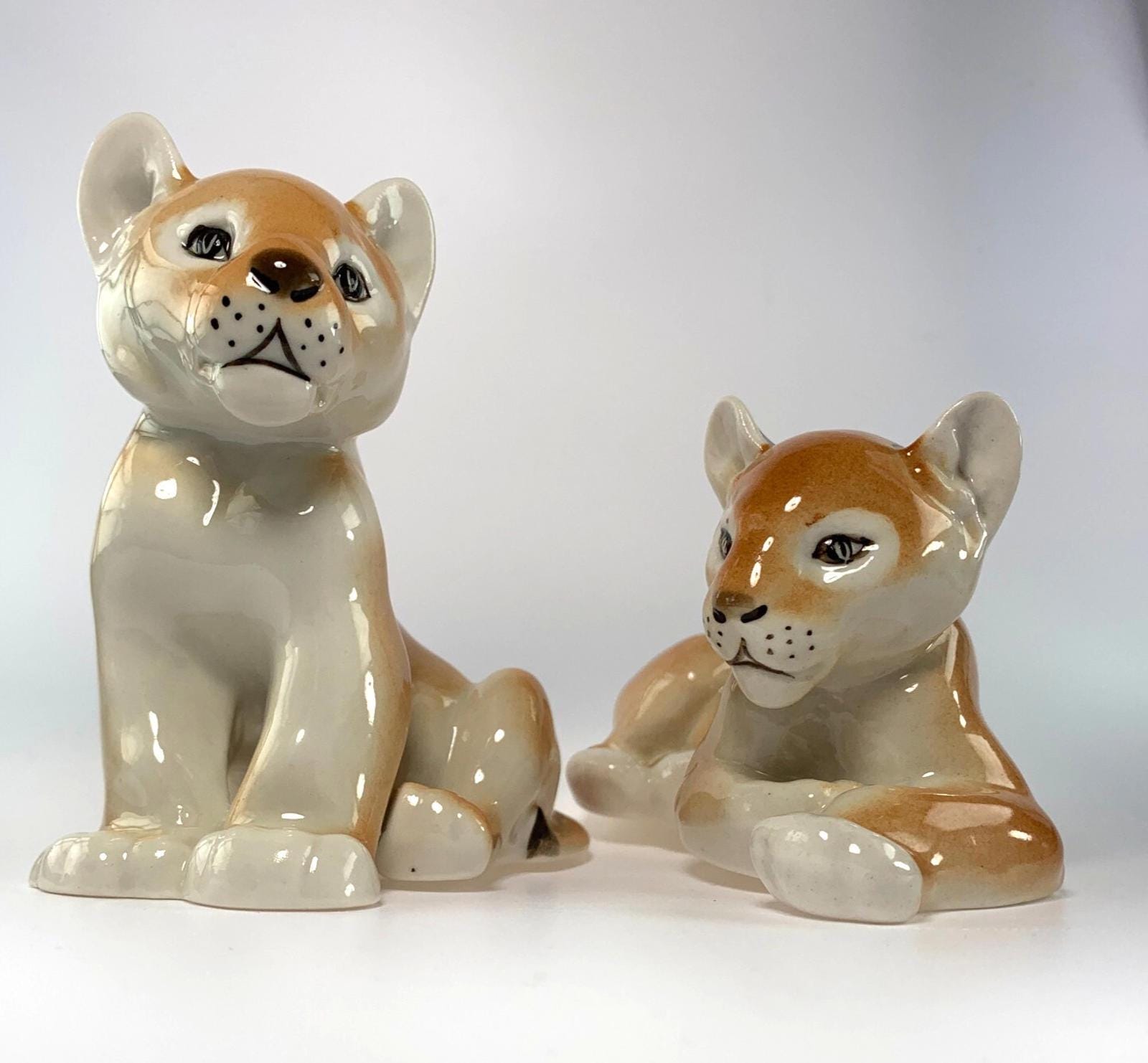 Mid Century Pair of Lomonosov Russian USSR Lion Cub Figurines. Vintage Lion Cub Ornaments