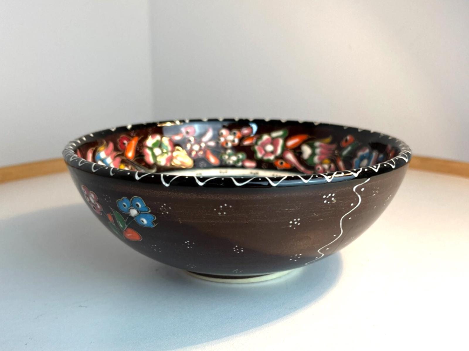 Vintage Turkish Hand Painted Floral Ceramic Pottery Bowl Trinket Dish W16cm H6cm