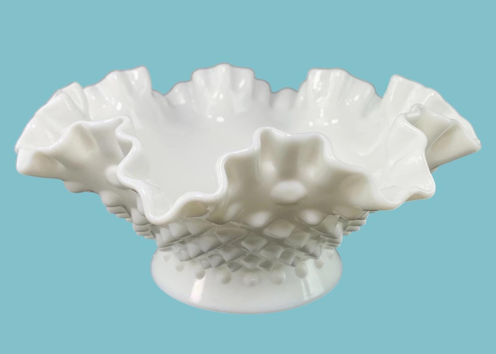 Art Deco Fenton Hobnail Milk Glass Pedestal Bowl Vintage White Vase 20cm