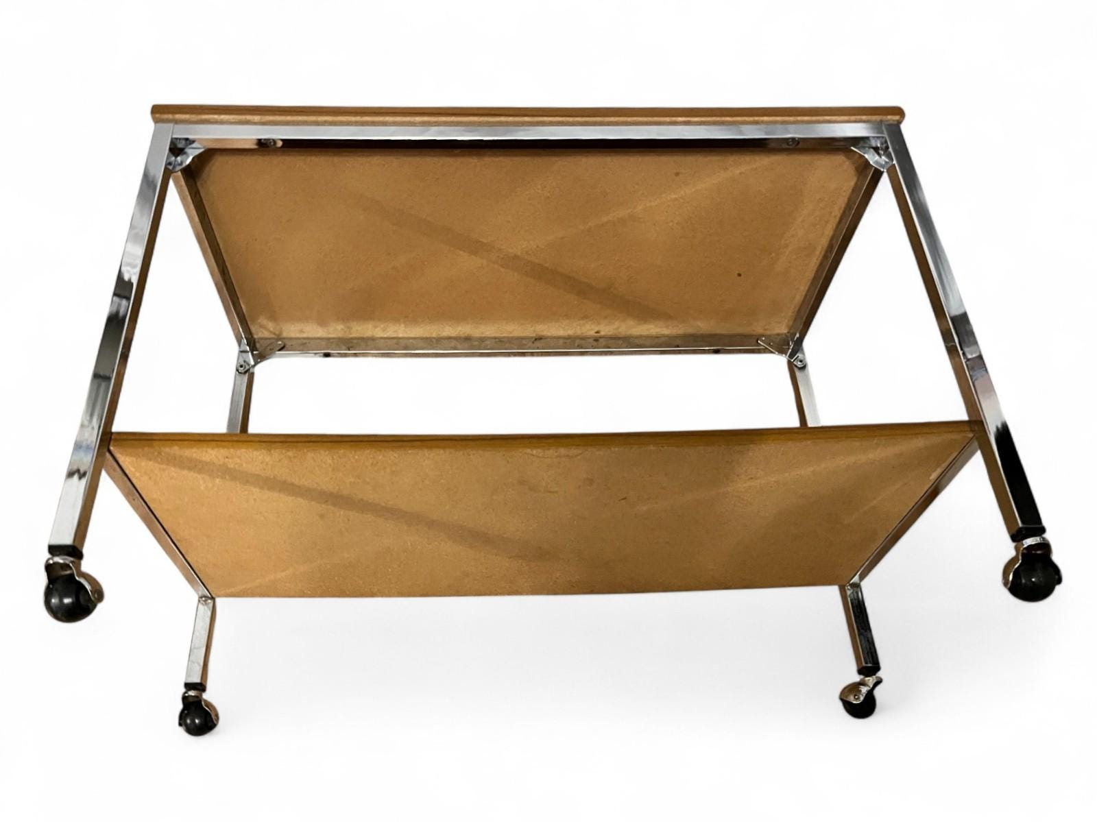 Mid Century Chrome & Teak Effect Side Table / Drinks Trolley on Castors 80cm