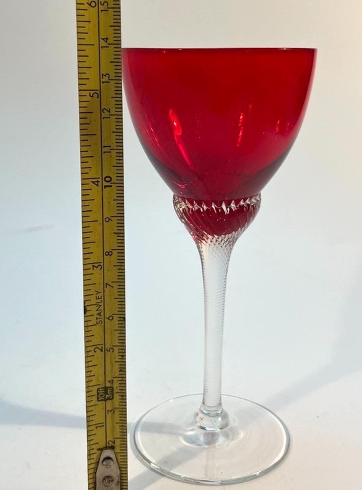 4 Bohemia Red Liquor Glasses Twisted Stem Glasses H14cm Mid Century Drinking VGC