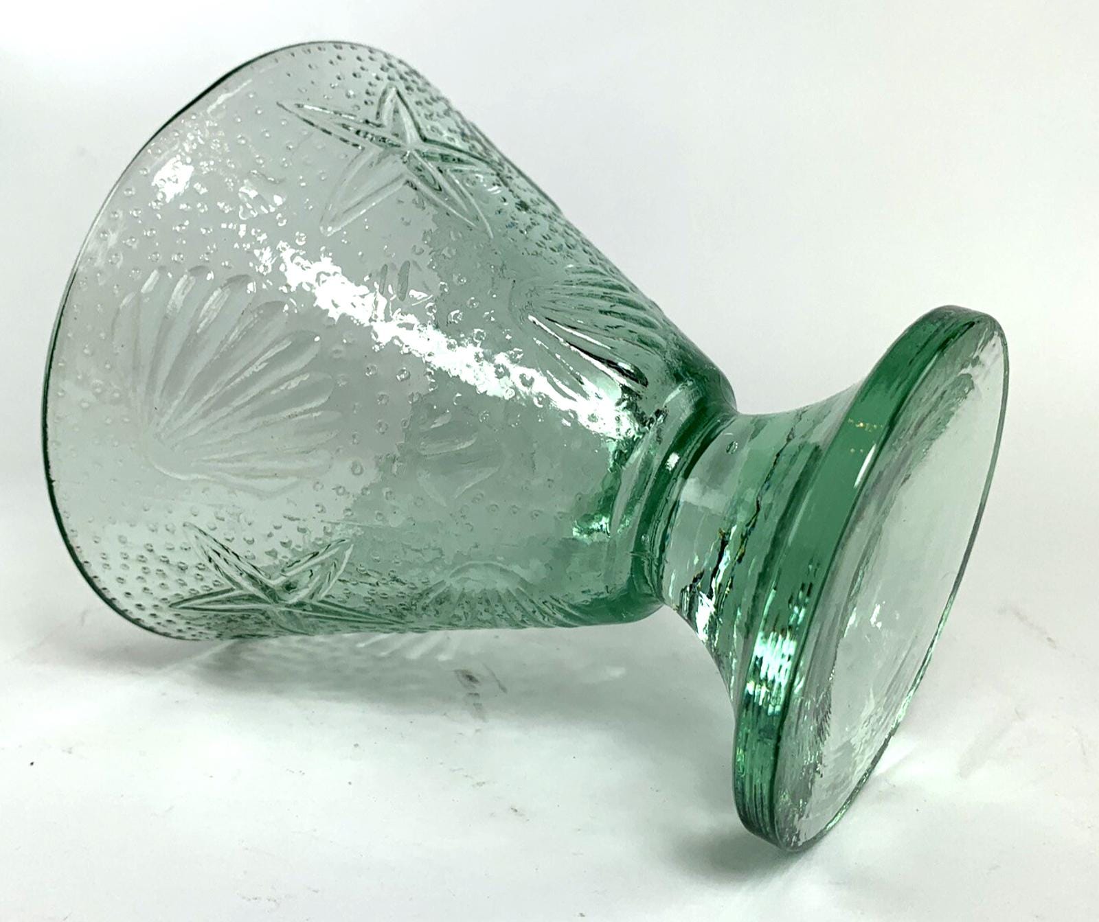 1940s Seashell & Starfish Aqua Glass Compote Dish or Decorative bowl
