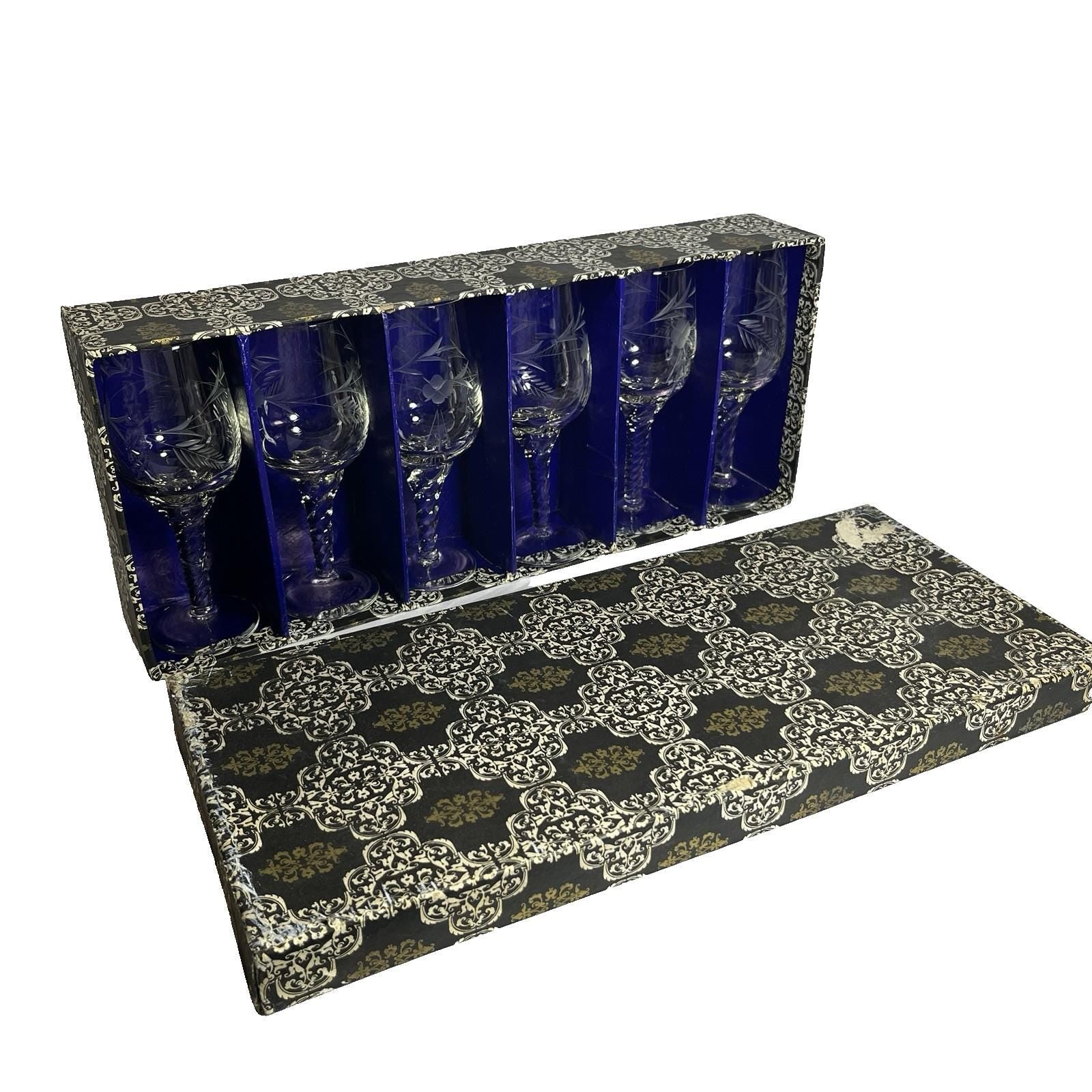Set 6 Mid Century Etched Cordial Wine Glasses Vintage Stemmed Glassware Boxed