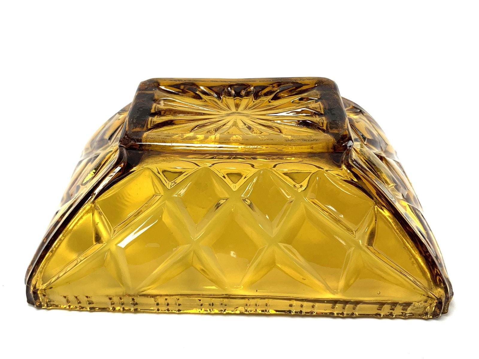 Amber Glass Decorative Bowl in Pale Amber. Depression Glass Dish, Pressed Glass