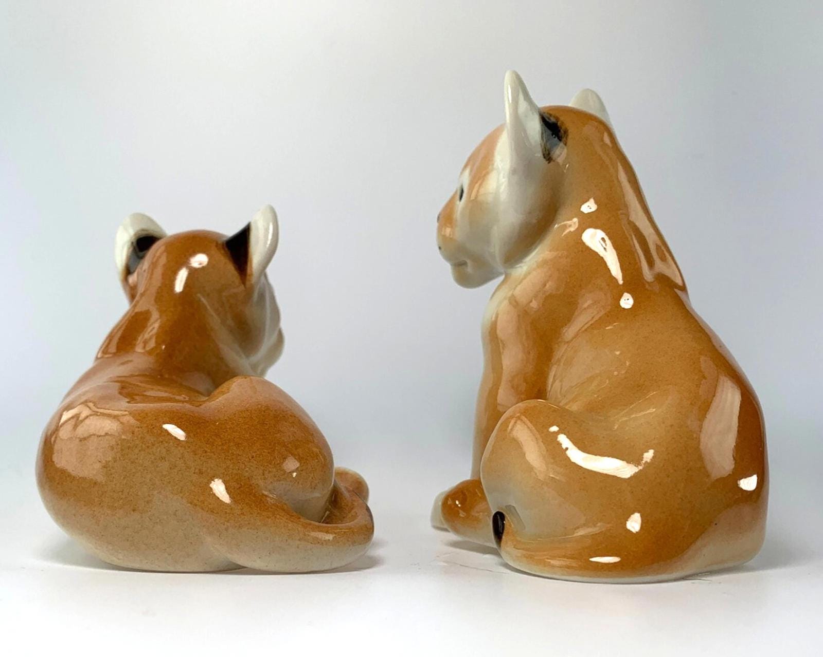 Mid Century Pair of Lomonosov Russian USSR Lion Cub Figurines. Vintage Lion Cub Ornaments