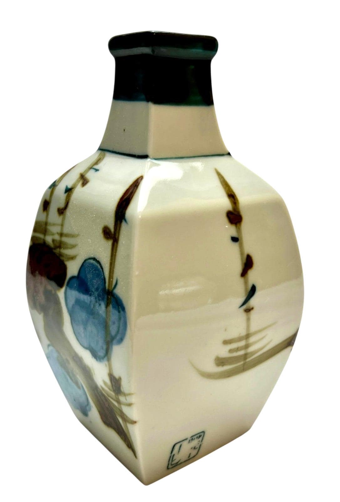 Japanese porcelain sake bottle square 14cm hand painted floral in blue/brown. Antique decorative bottle or vase