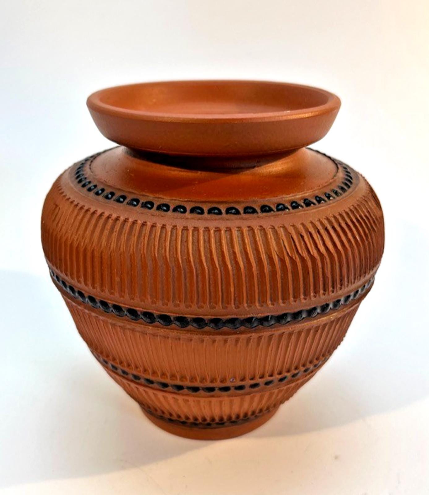 Vintage German Sgraffito Decorative Urn Vase 1970s H12cm VGC Terracotta & Black