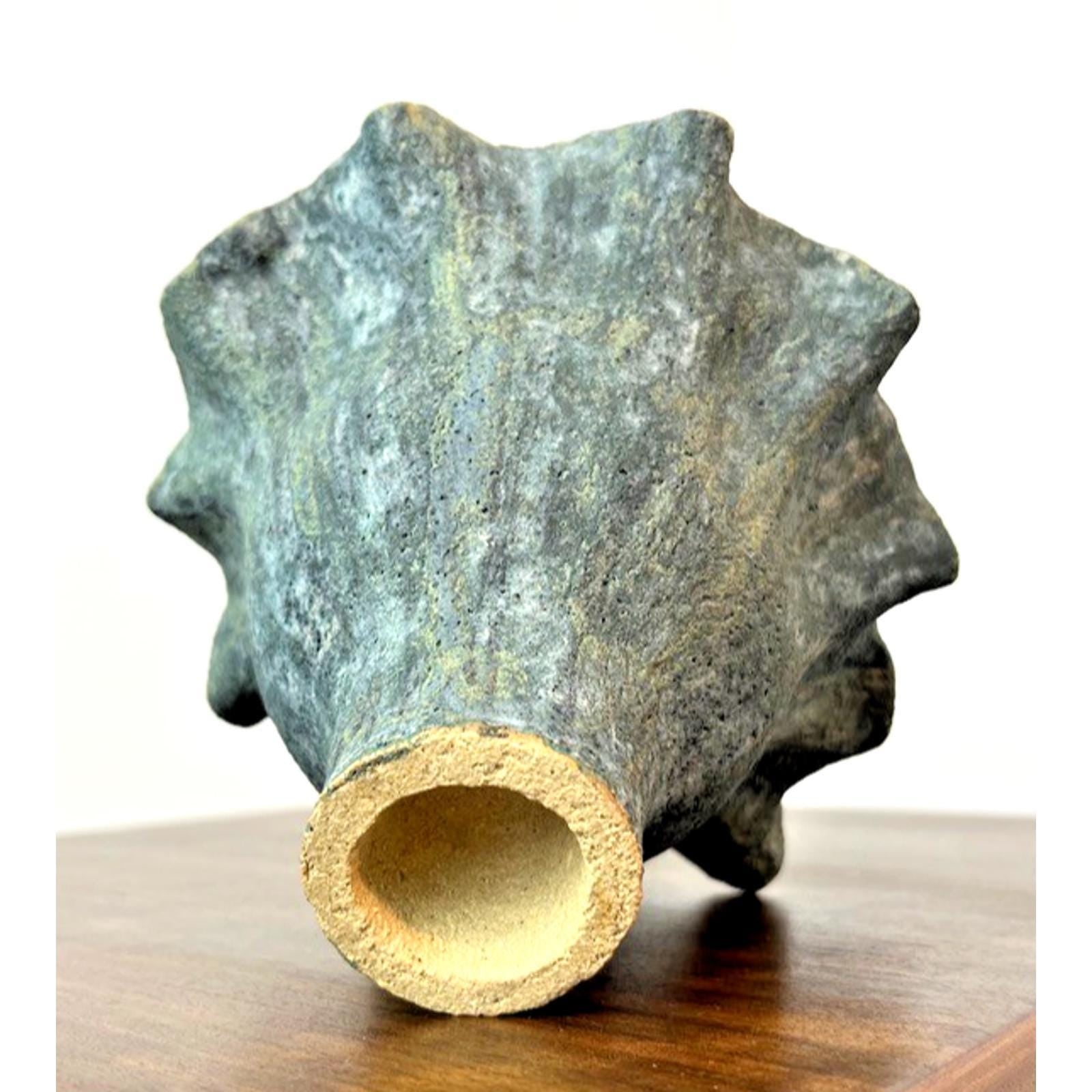Signed handmade ikebana vase, vintage green handkerchief pottery, art sculpture