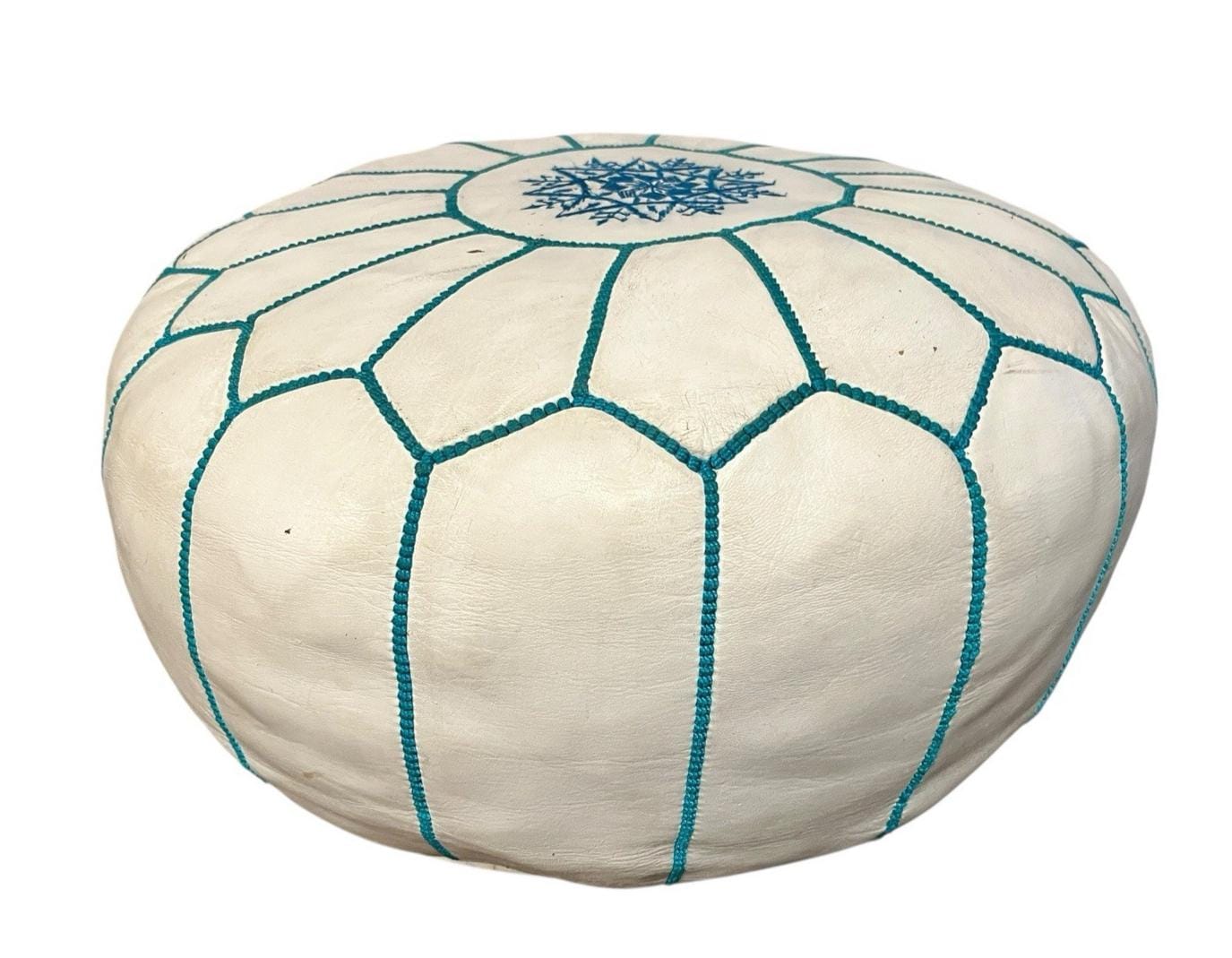 White leather moroccan pouffe 55×35 cm ottoman with turquoise stitching
