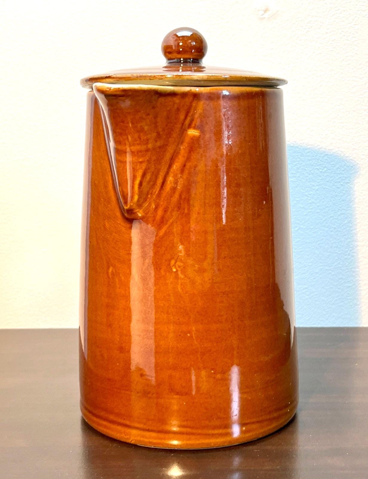 Vintage Brown Glazed Stoneware Coffee Pot with Lid – Rustic Retro Kitchenware