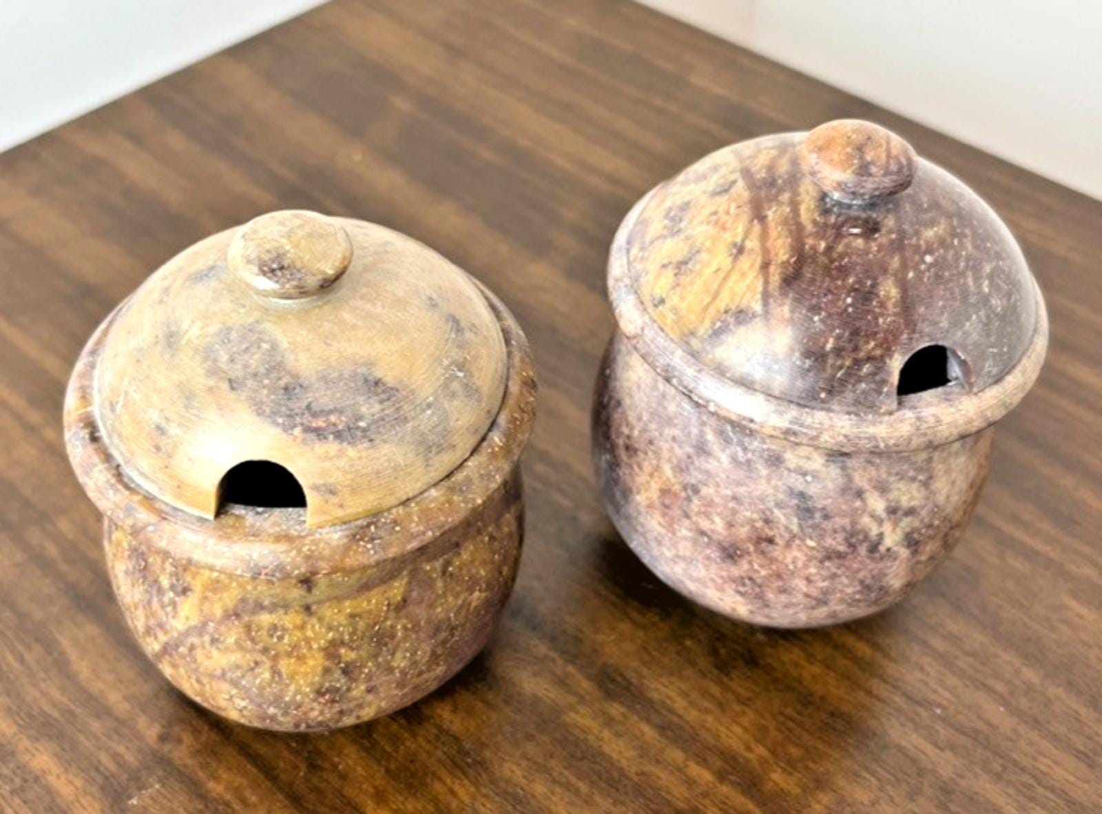 2 Vintage Soapstone Condiment Jars or Sauce Pots with Lids in Red Soapstone