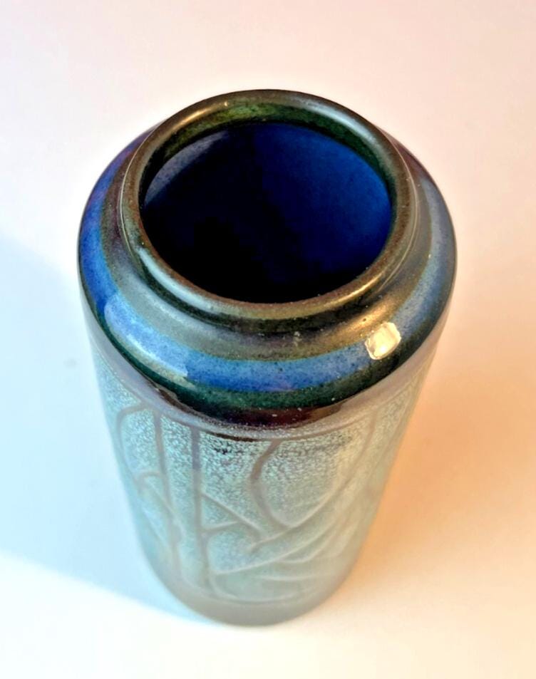 Mid Century Celtic Pottery Vase Newlyn Cornwall in Blue Medallion Pattern B89