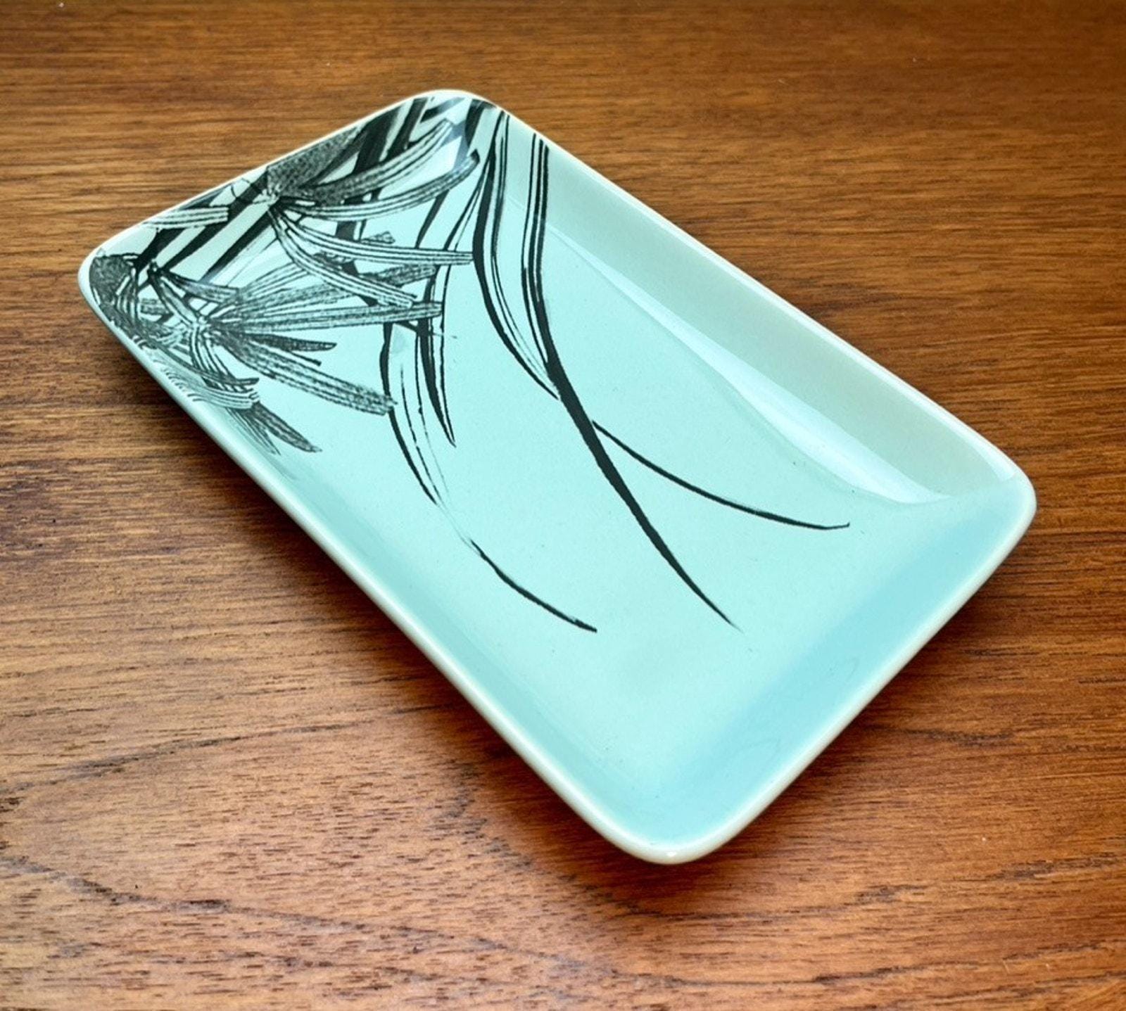Bloomingville rectangular ceramic tray scandi minimalist mint & black botanical