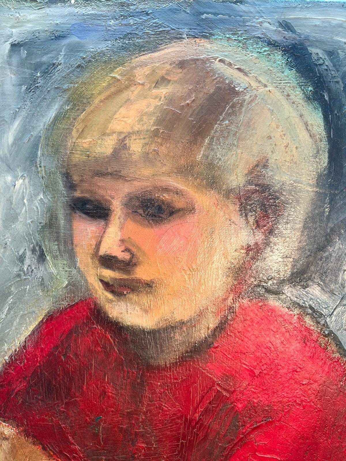 Vintage mid century oil painting child portrait boy in red sweater expressionist