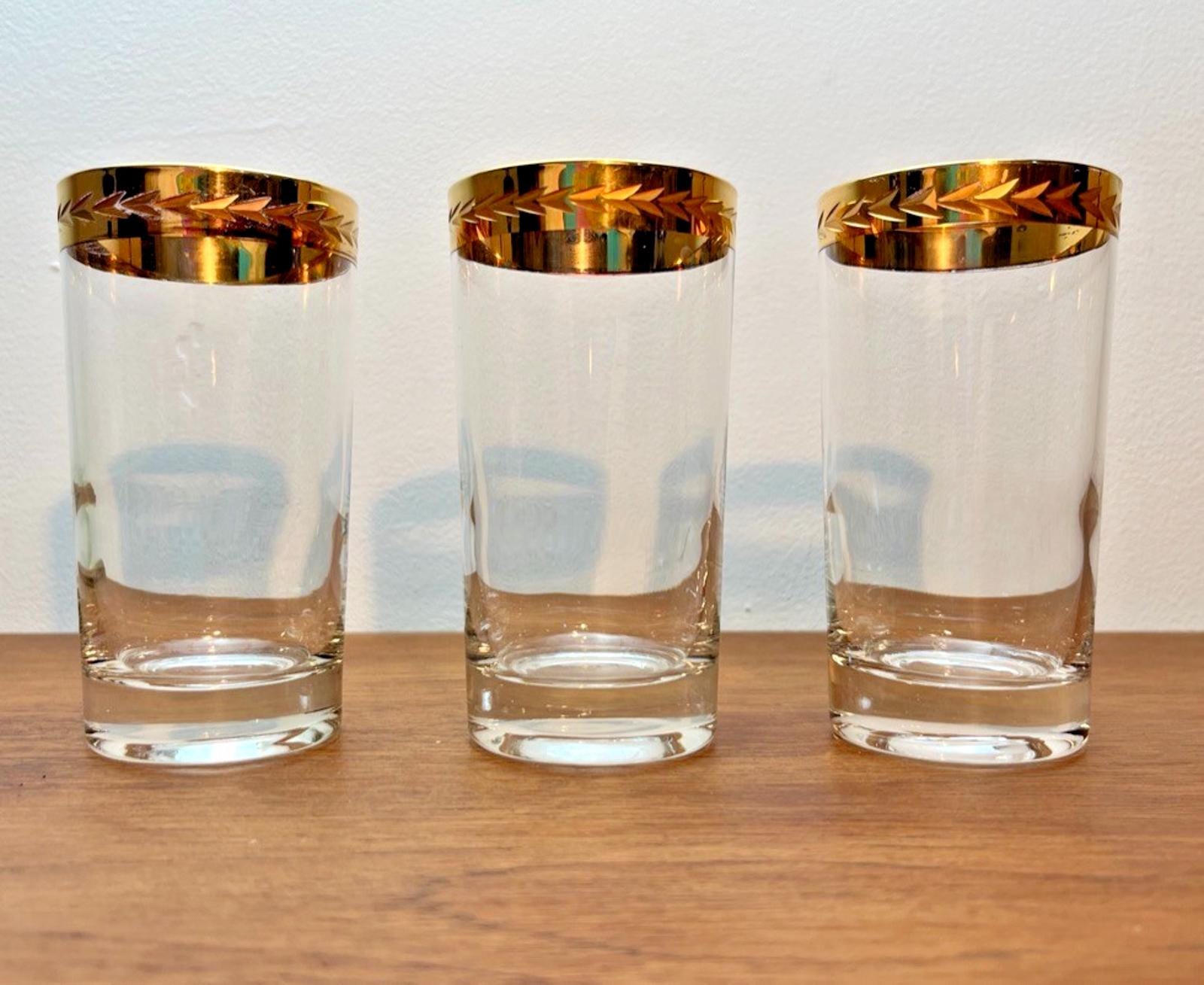 Set of 3 Vintage Retro Highball Glasses with 22ct Style Gold Rim, Barware