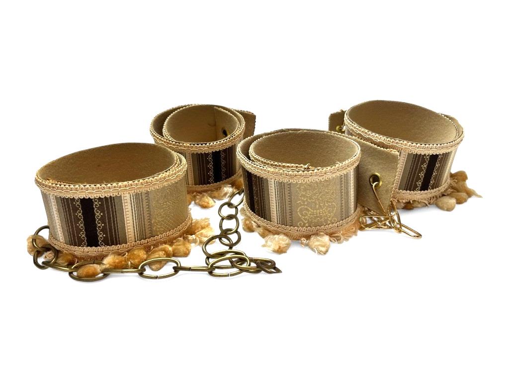 2 Pairs Mid Century Curtain Tie Backs Gold & Brown Fabric with Tassels and Chain