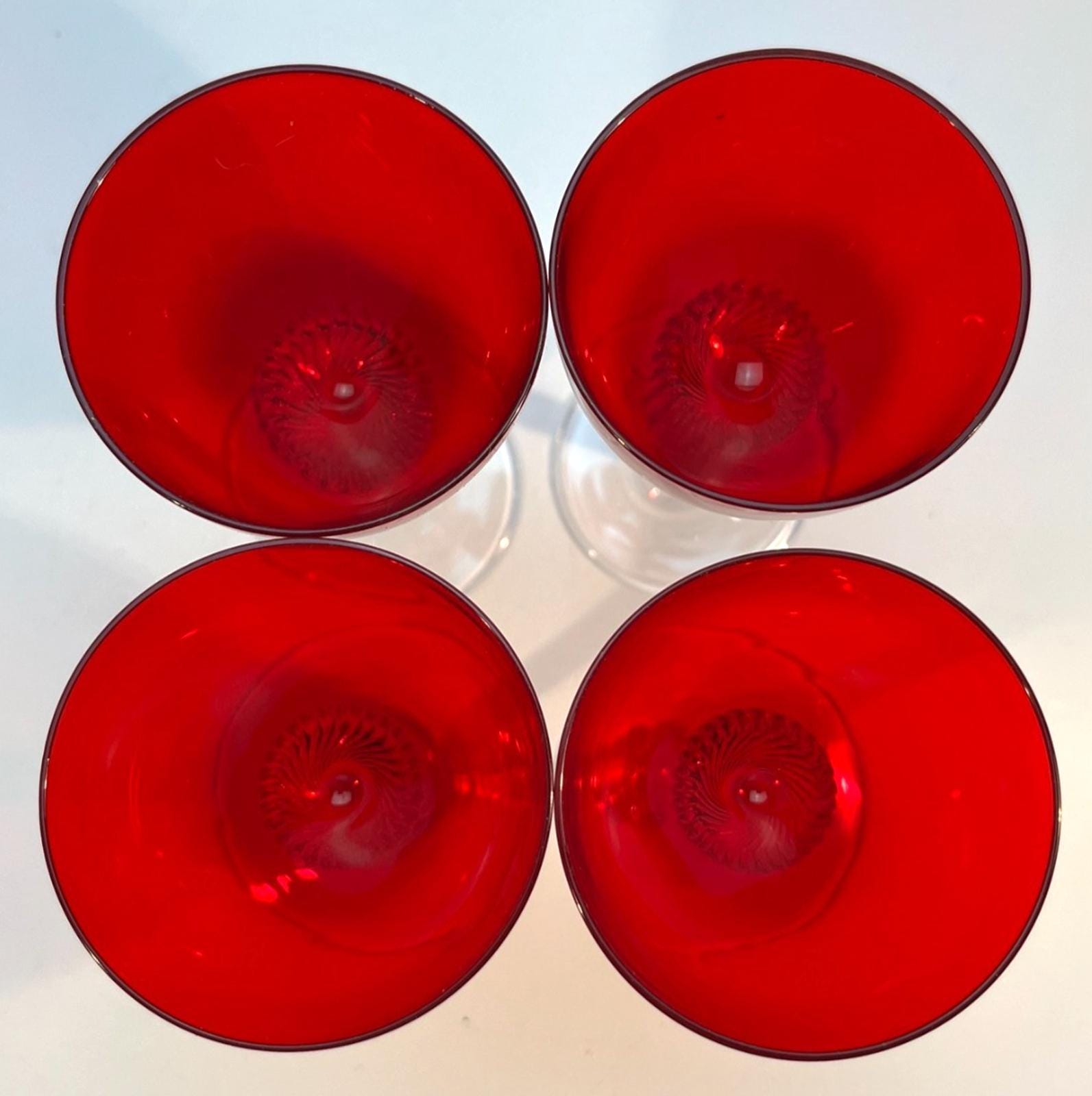 4 Bohemia Red Liquor Glasses Twisted Stem Glasses H14cm Mid Century Drinking VGC