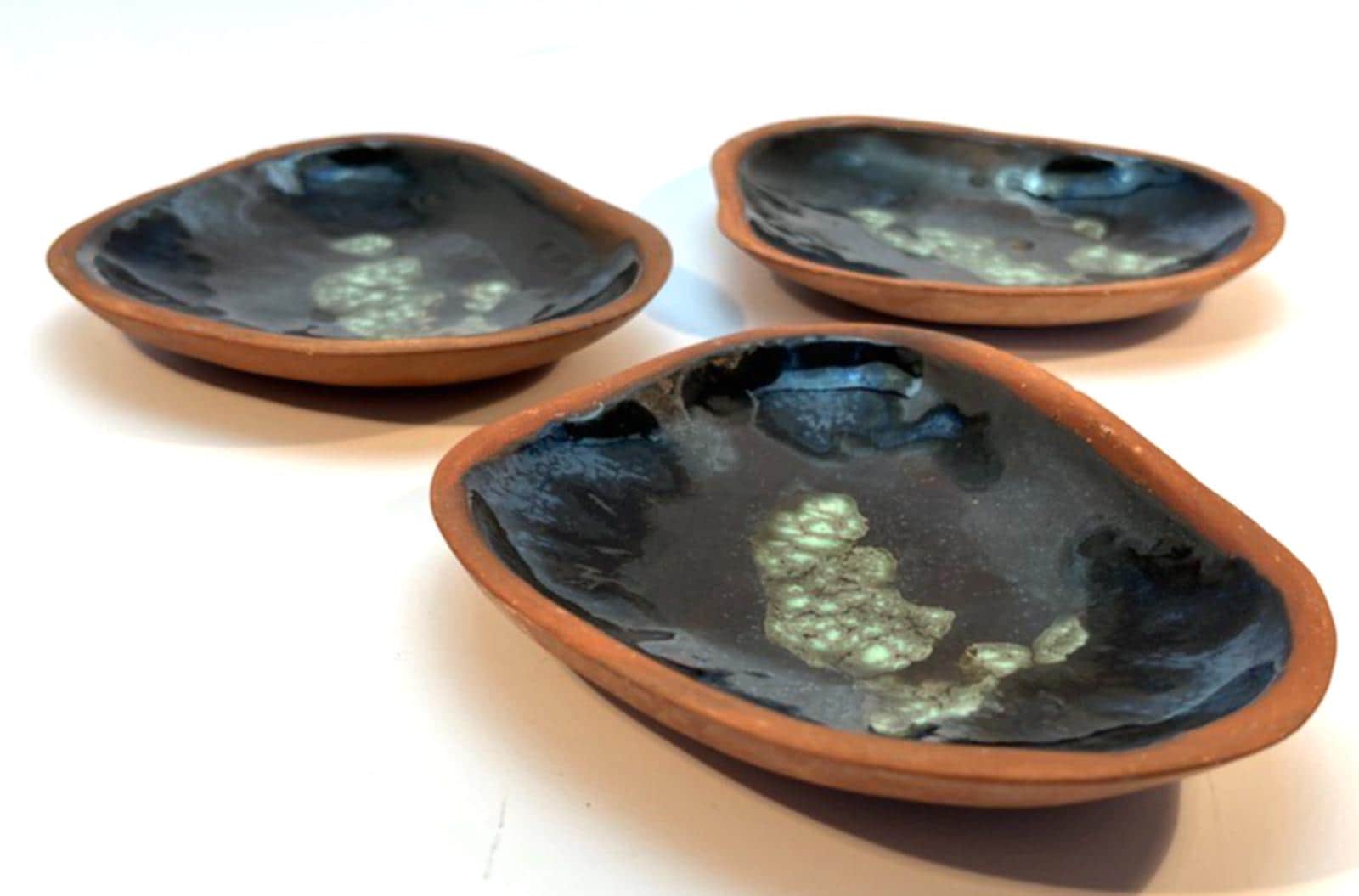 3 Vintage Pottery Trinket Dishes in Blue and Green Enamel & Terracotta Unusual