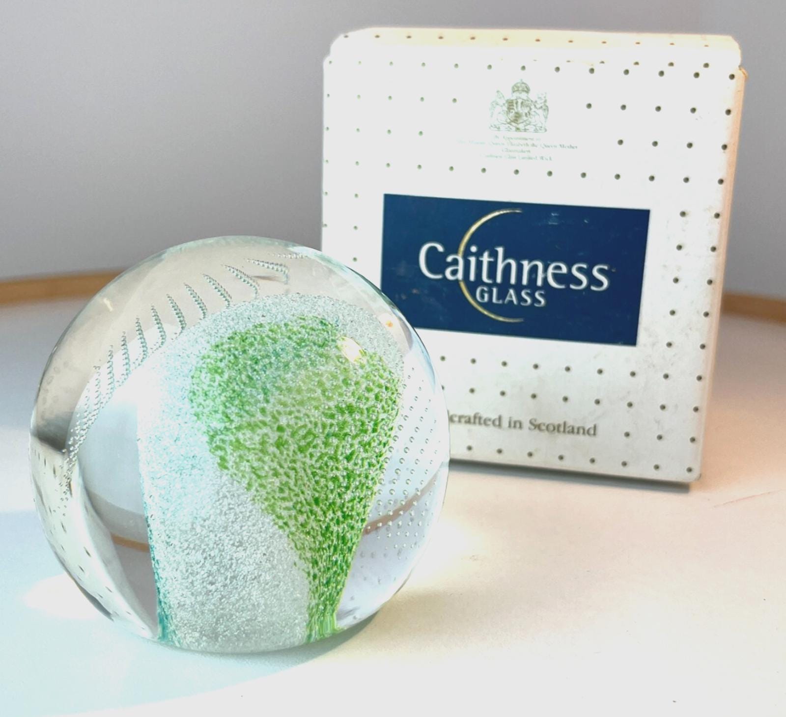 Caithness Glass Paperweight. Green & Clear, Controlled Bubble Art Glass with Box