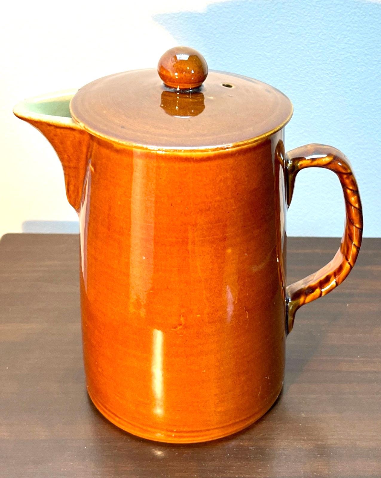 Vintage Brown Glazed Stoneware Coffee Pot with Lid – Rustic Retro Kitchenware