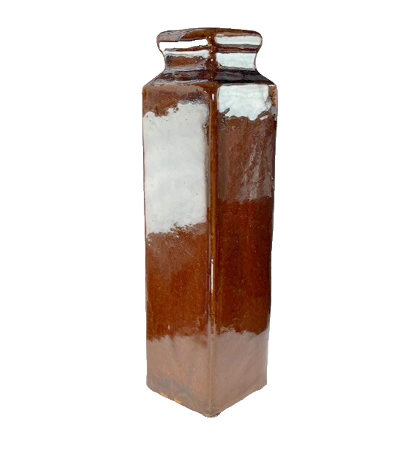 Mid Century Slab Pottery Vase – Brown Treacle Glaze Stoneware 31cm
