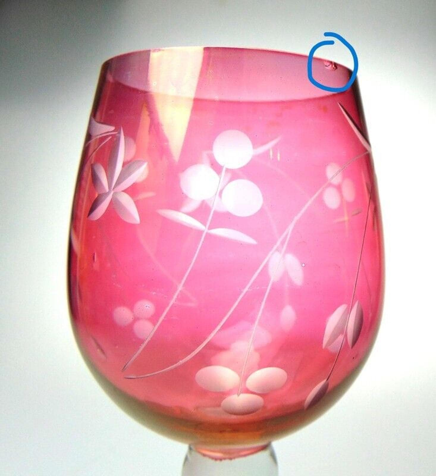 5 Mid Century Crystal Wine Glasses in Cranberry Glass with Etched Floral Detail