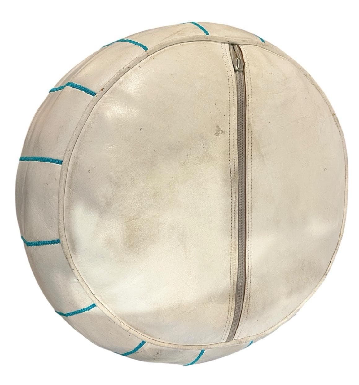 White leather moroccan pouffe 55×35 cm ottoman with turquoise stitching