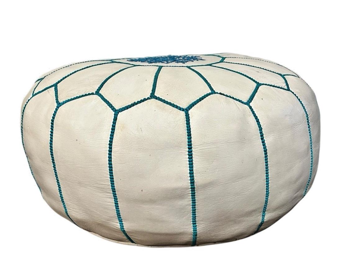 White leather moroccan pouffe 55×35 cm ottoman with turquoise stitching