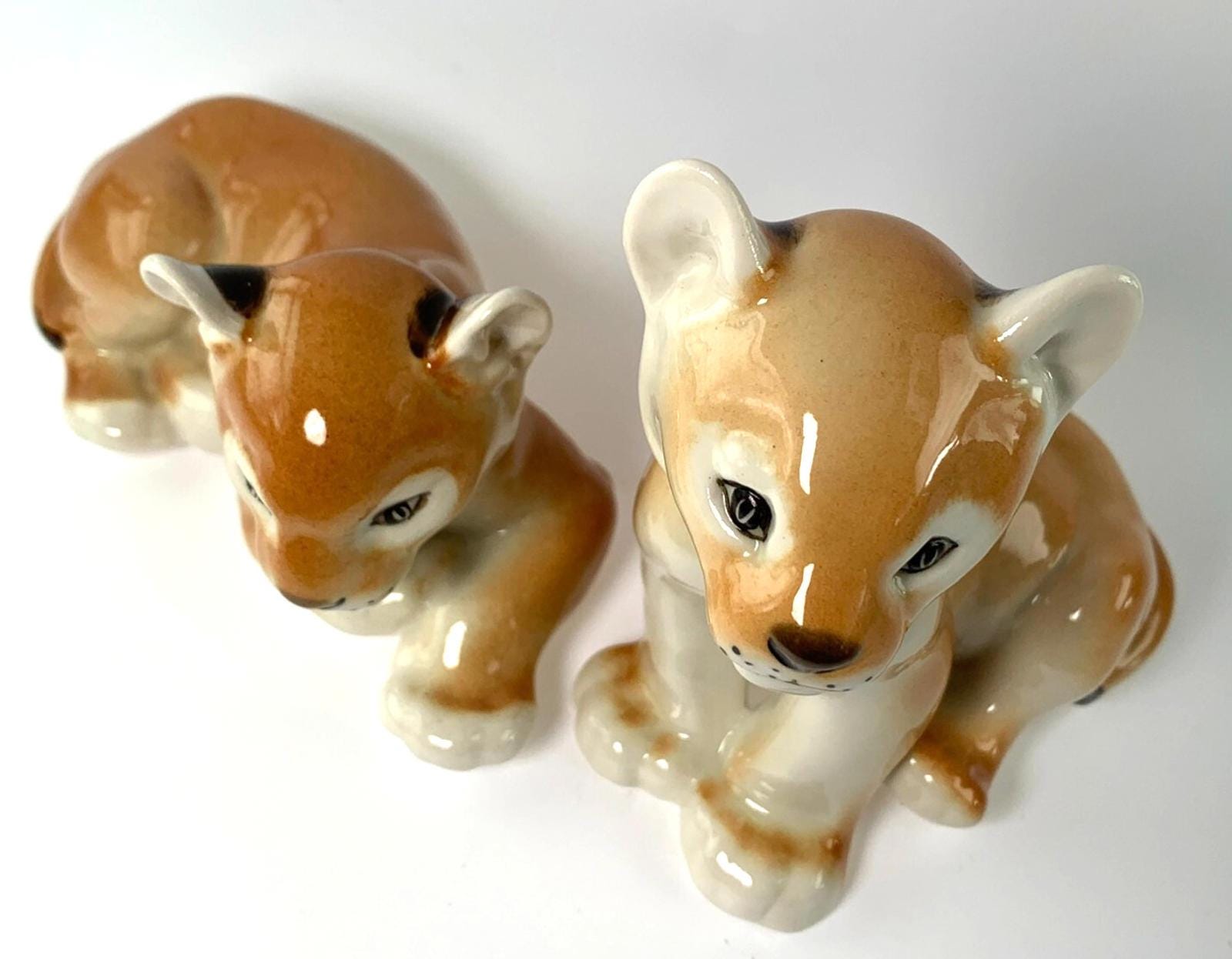 Mid Century Pair of Lomonosov Russian USSR Lion Cub Figurines. Vintage Lion Cub Ornaments