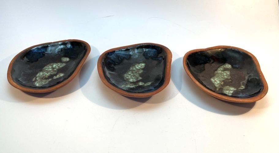 Vintage blue & green glazed terracotta trinket dish trio – handmade set