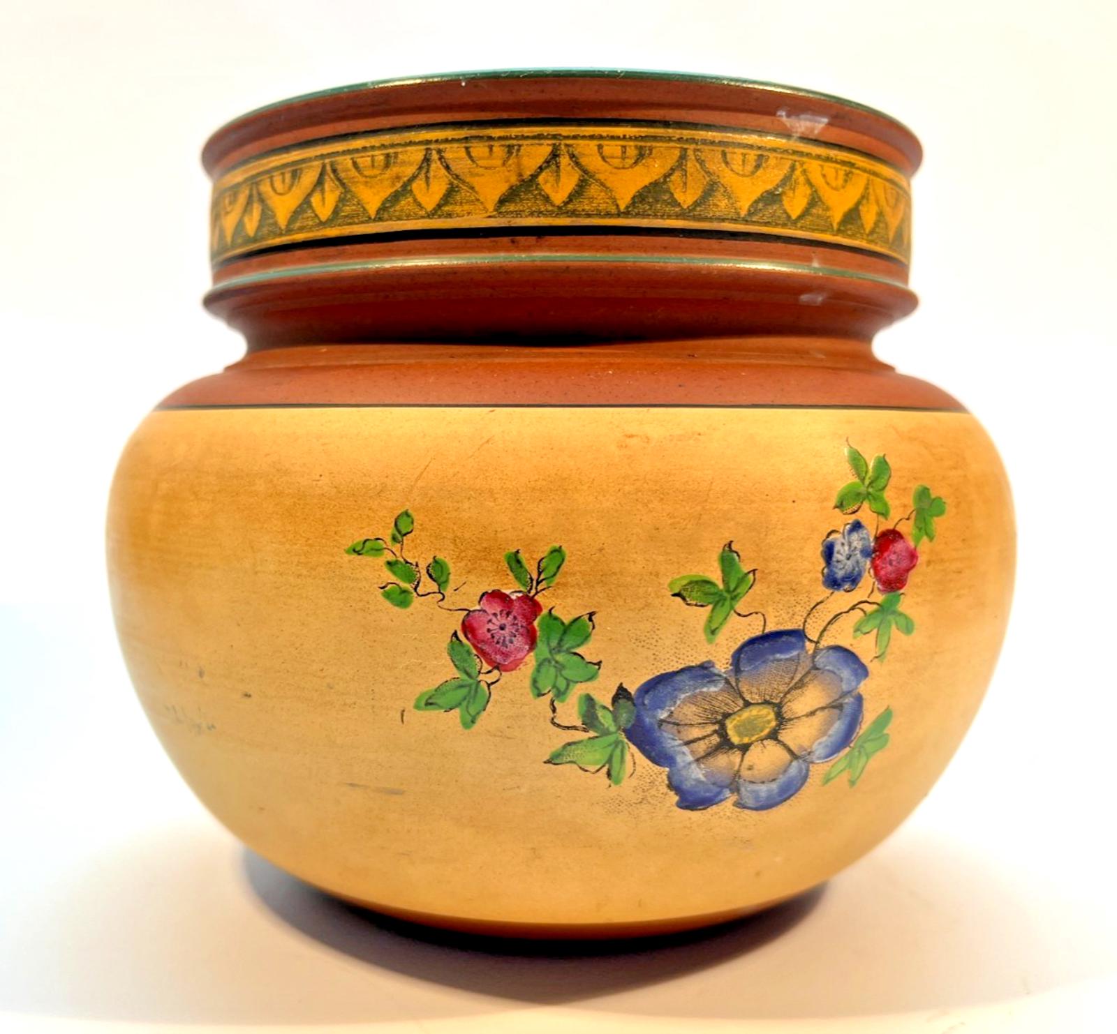 Vintage Pottery Tobacco Jar Handmade Terracotta Hand Painted Tobacciana