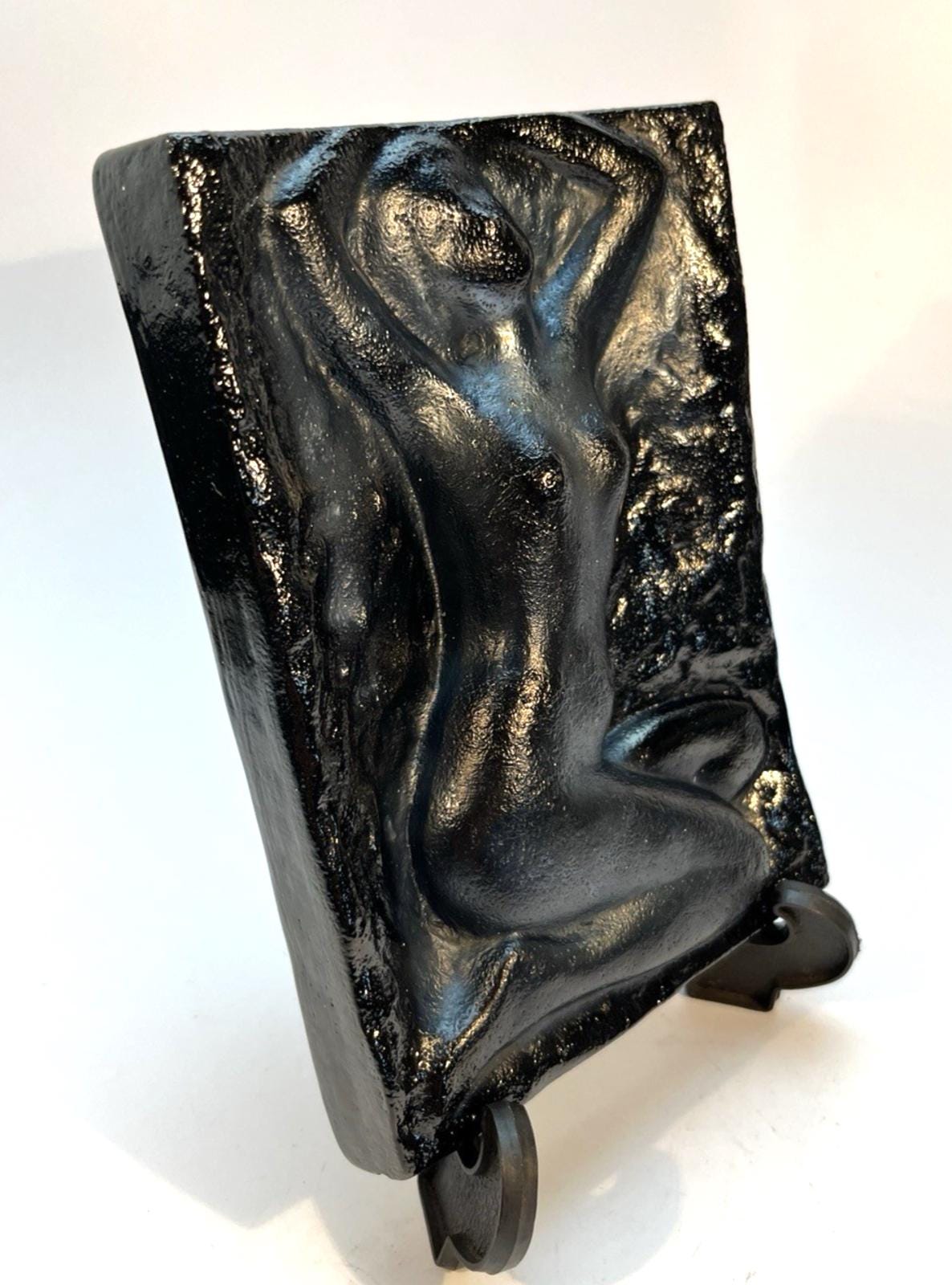 Vintage Nude Woman Plaque Black Ceramic Pottery Art Kneeling Female Figure, 18cm