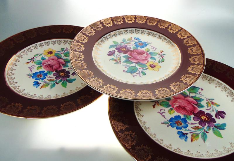 Midwinter Burselem Dinner Plates: 1960s Red Floral, Set of 3