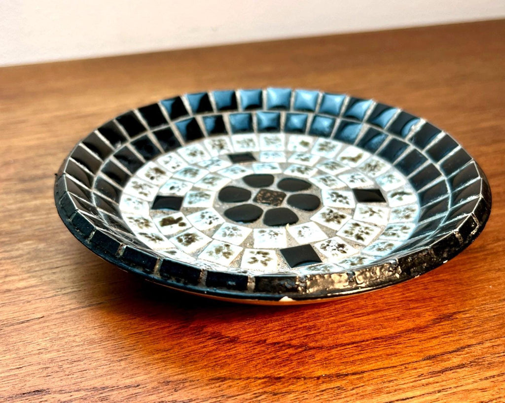 Vintage USSR Mosaic Tile Dish Black & White Circular Geometric Mid Century