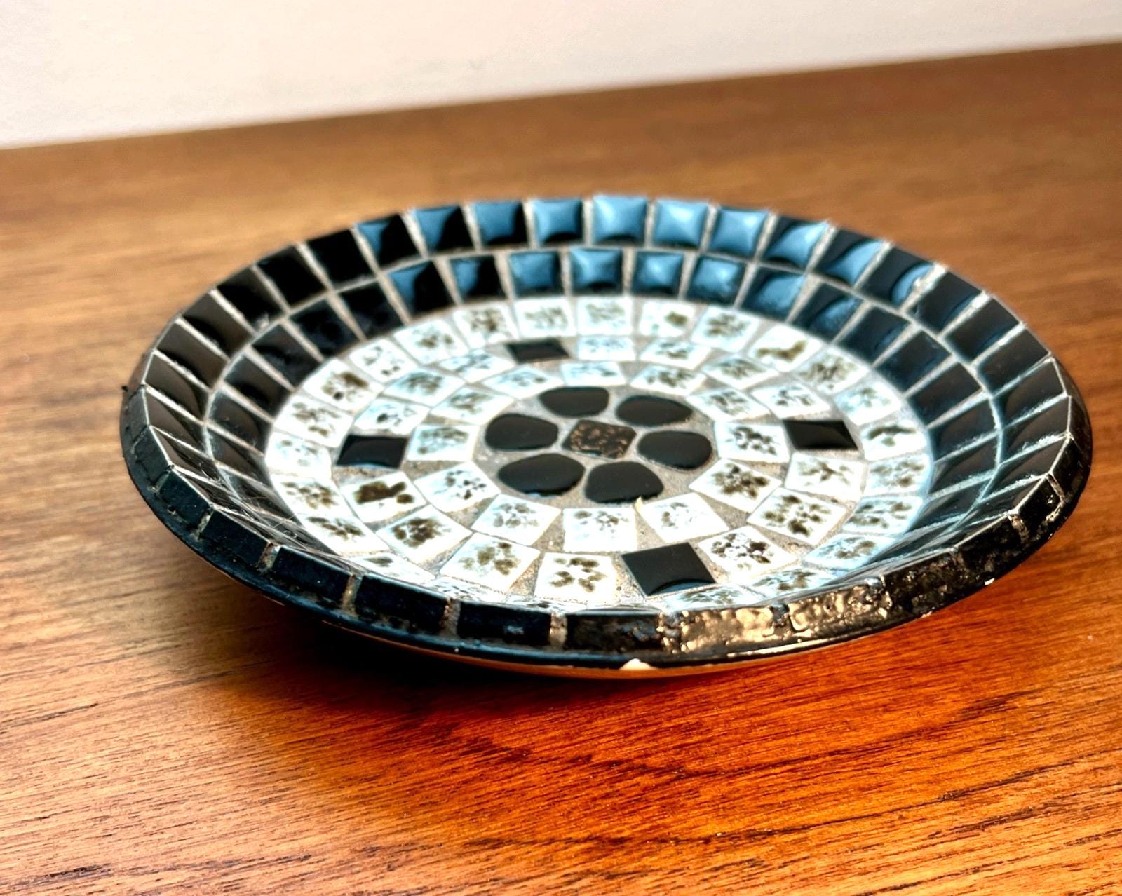 Vintage USSR Mosaic Tile Dish Black & White Circular Geometric Mid Century