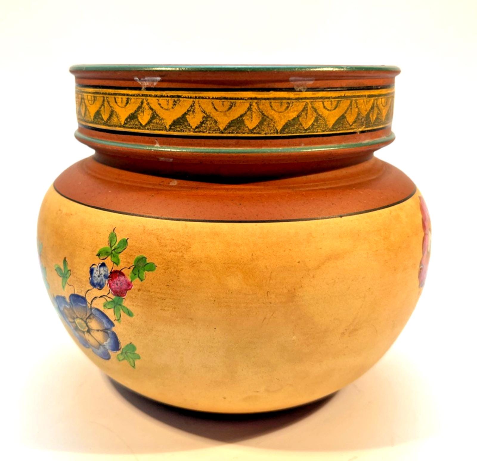 Vintage Pottery Tobacco Jar Handmade Terracotta Hand Painted Tobacciana