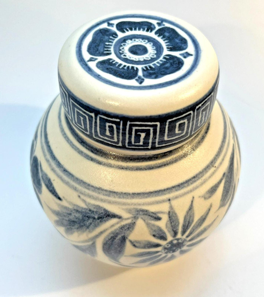 Muriel p wright pottery jar, vintage blue white salt glaze lidded signed 1970s